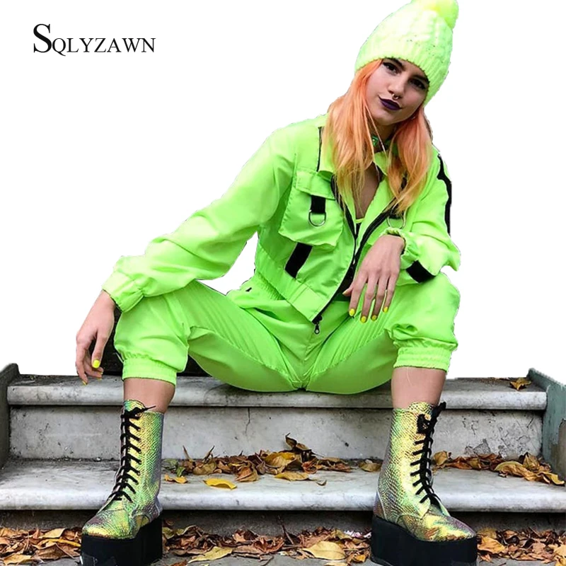 

Streetwear Crop Jacket and Camo Pants Two Piece Sweat Tracksuit Set Women Fall Neon Green Purple Bandage Matching Joggers Outfit
