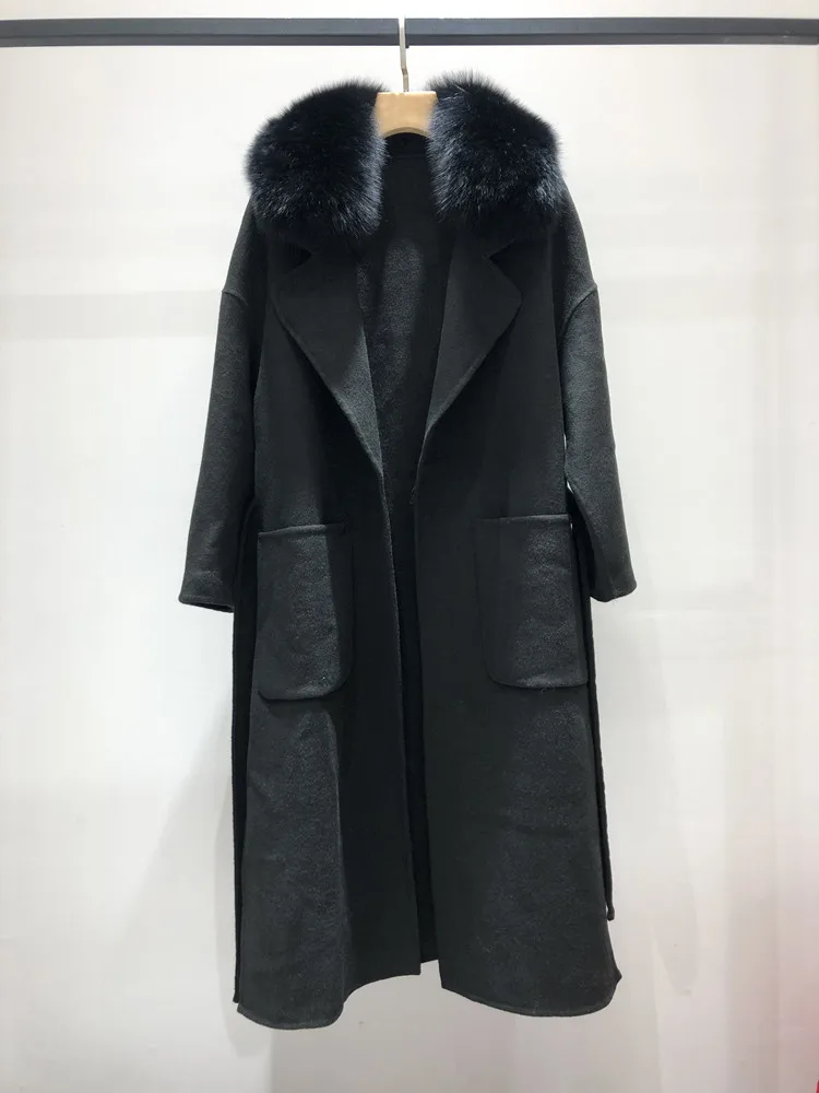 Женское кашемировое пальто с двойной стороной Woo Lnatural Fox пальто с меховым воротником модное зимнее длинное шерстяное пальто Верхняя одежда Пояс украшение