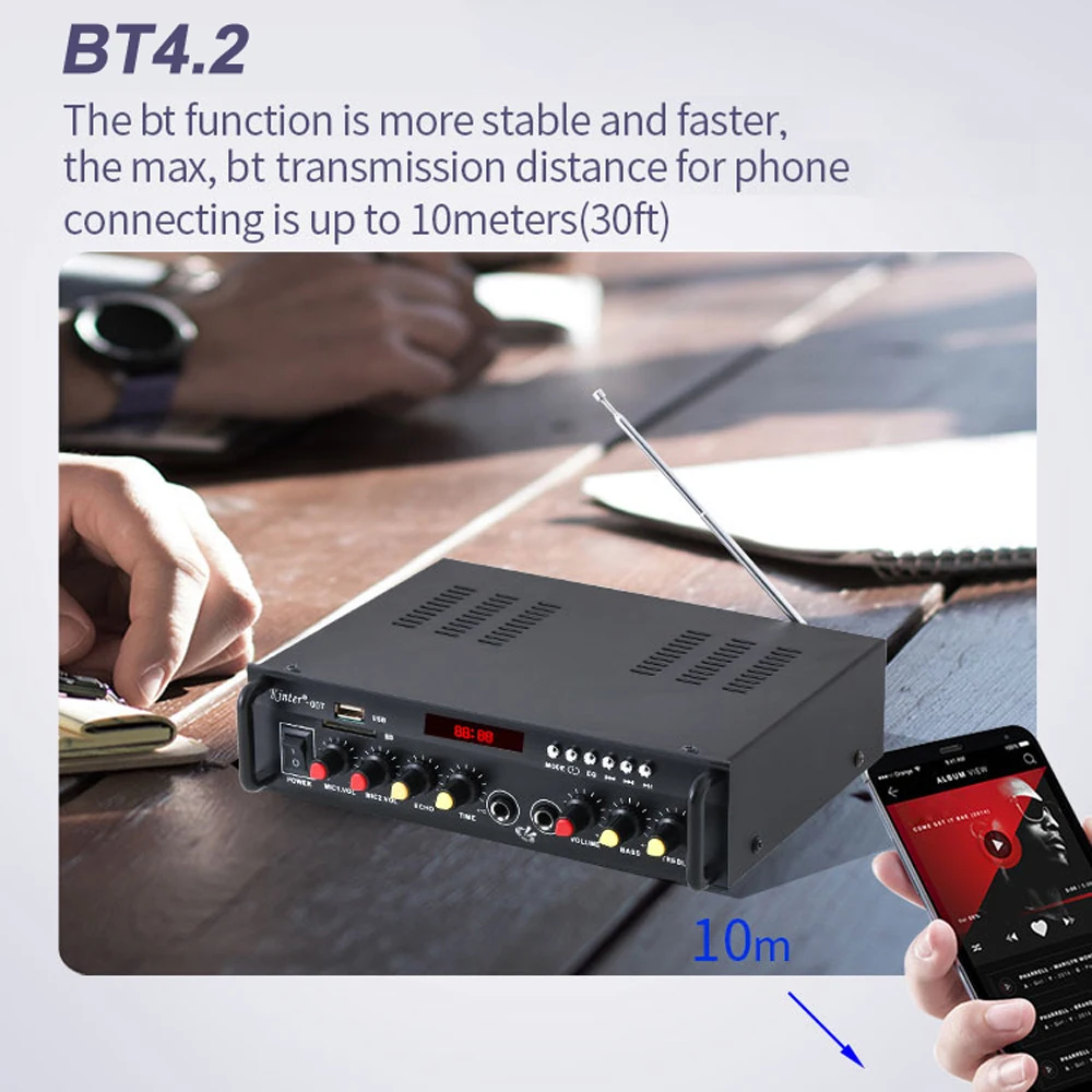 Kinter-007 стерео аудио усилитель мощности BT цифровой аудиоприемник слот USB SD MP3 плеер FM радиомикрофон вход для автомобиля домашнего использования