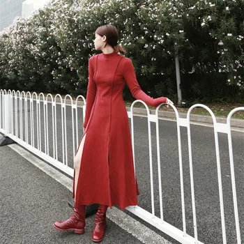 

2020 New Spring Stand Collar Long Sleeve Solid Color Dress Irregular Line Split Joint Hem Elegant Dress Women Fashion Tide