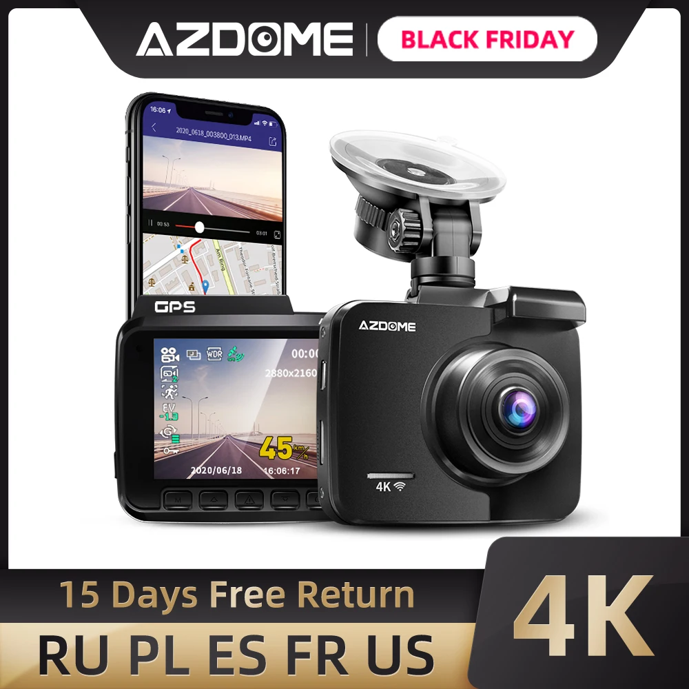 AZDOME GS63H Dash Cam Dual Lens 4K UHD Recording Car Camera DVR Night Vision WDR Built-In GPS Wi-Fi G-Sensor Motion Detection