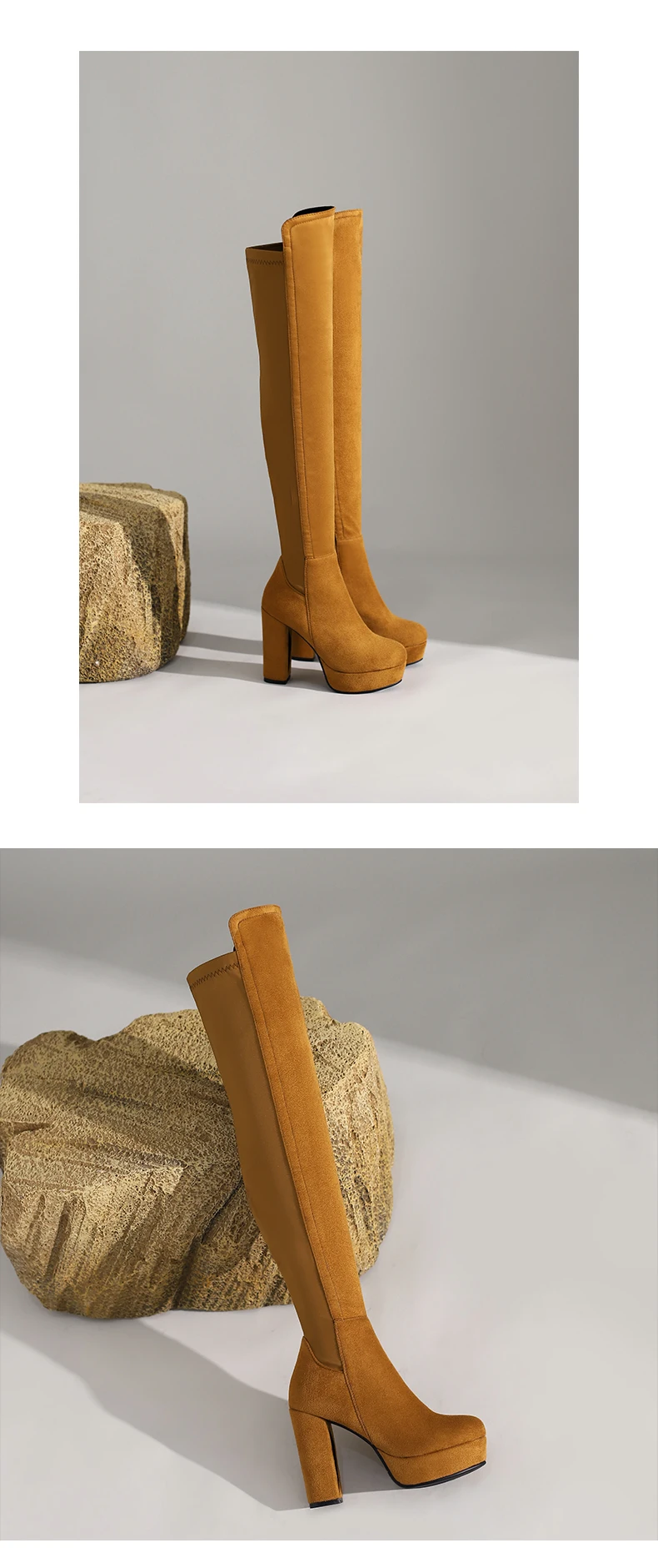 2025 New Waterproof Platform Stitching Over-The-Knee Women's Boots Super High Thick Heel Suede Short Plush PU Long Boots