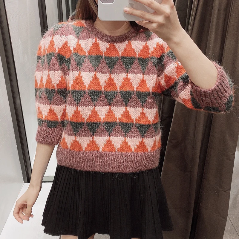 ZOEPO Argyle, свитера для женщин, модный свитер с круглым вырезом, женские элегантные свитера с рукавом три четверти и пышными рукавами, женские свитера JL