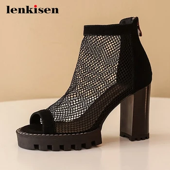 

Lenkisen sheep suede high fashion plus size air mesh peep toe high square heel sunscreen zipper gorgeous summer ankle boots L5f1