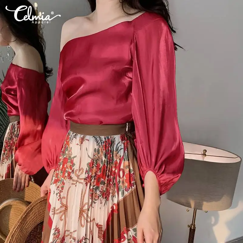 

Summer Fashion Lantern Sleeve Pleated Blouses Women Celmia Casual Sexy Cold Shoulder Tunic Shirt Elegant Tops Plus Size Blusas