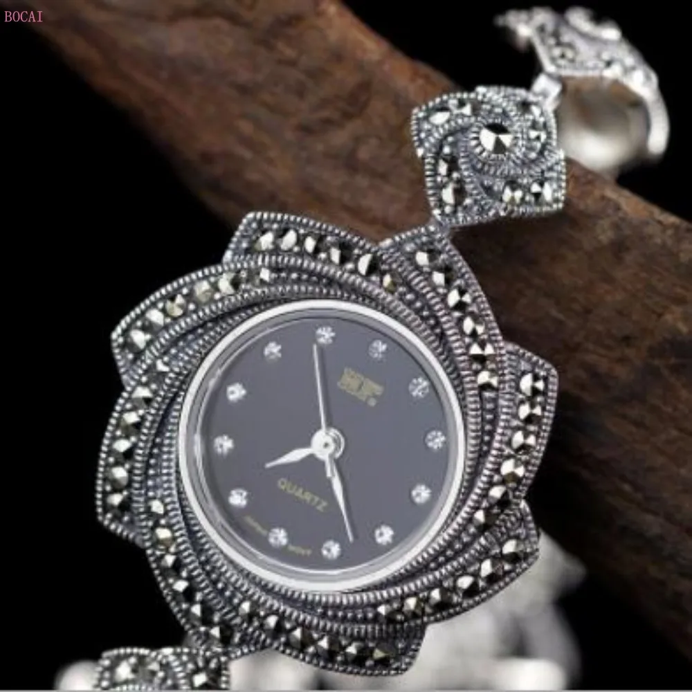 Серебро 925 S925 Стерлинговое серебро ювелирные изделия простые Красивые Ретро цветок женские часы браслеты модный браслет для женщин
