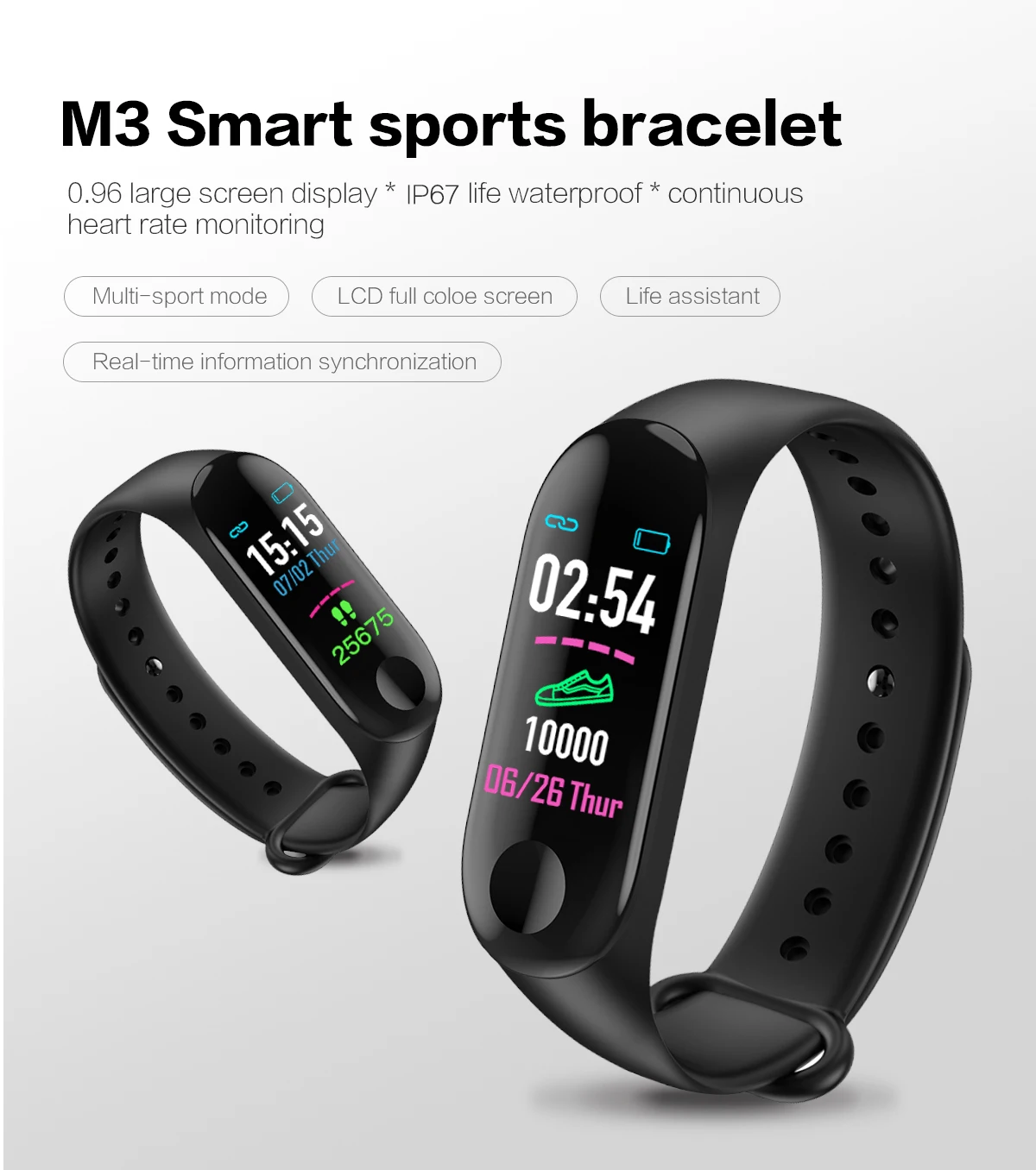 Новинка, смарт-браслет M3 Plus, Bluetooth, спортивный браслет, фитнес-трекер, для мужчин и женщин, пульсометр, измеритель артериального давления