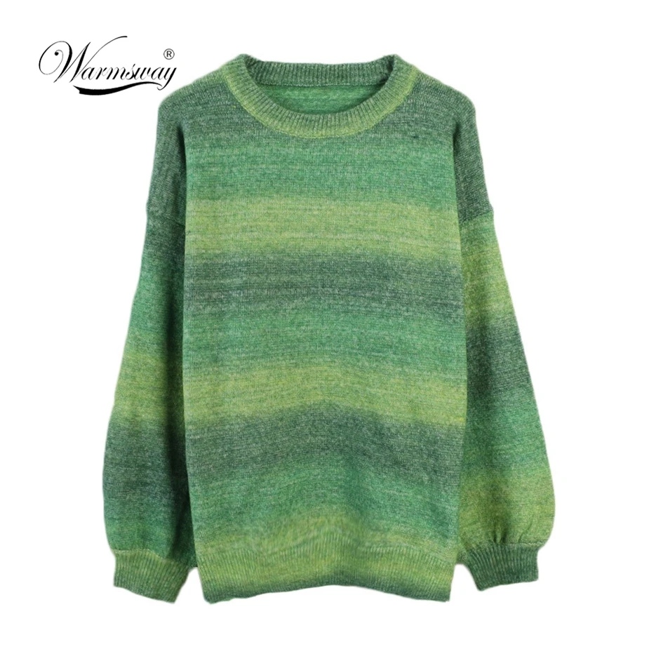 

Autumn Gradient Women Sweater Long Sleeve Knitted Green Oversized Jumper C-474