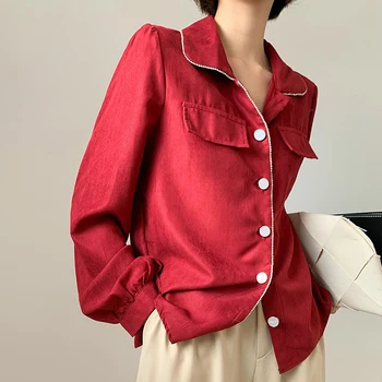 

Velour White Blouse Women Shirts Office Ladies Tops Long Sleeve Turn-down Collar Loose Streetwear Womens Tops and Blouses Red