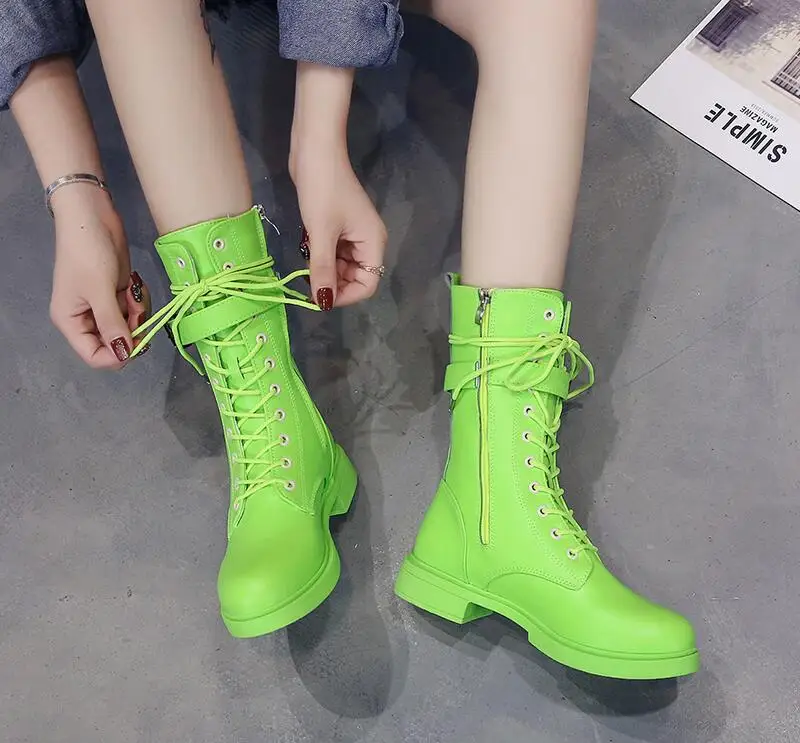 Ботинки женская обувь женские ботинки модные ботильоны ярких цветов из искусственной кожи г. Новые Осенние однотонные ботинки на плоской подошве короткие ботинки X265 - Цвет: Зеленый