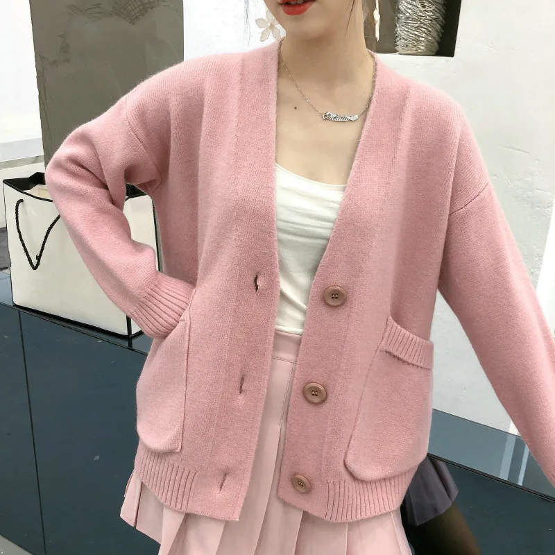 

H9611 женские кардиган, женский корейский стиль колледжа, СВОБОДНЫЙ ВЯЗАННЫЙ кардиган с v-образным вырезом, Студенческая девушка, повседневный Модный Топ высокого качества