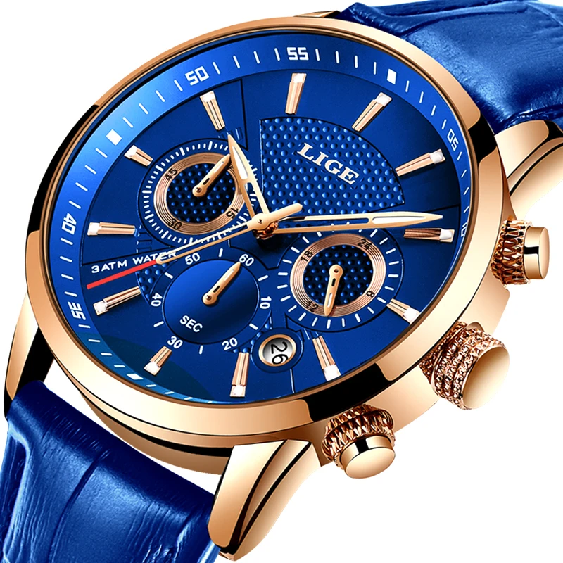 

LIGE Men Watch Top Brand Blue Leather Chronograph Waterproof Sport Automatic Date Quartz Watches For Mens Relogio Masculino+Box