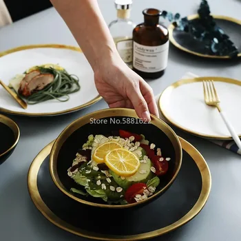 

European Gold Side Ceramic Plate Western Food Steaks and Dish Rice Salad Bowl Dessert Plate Tableware Dinnerware Tray Kitchen