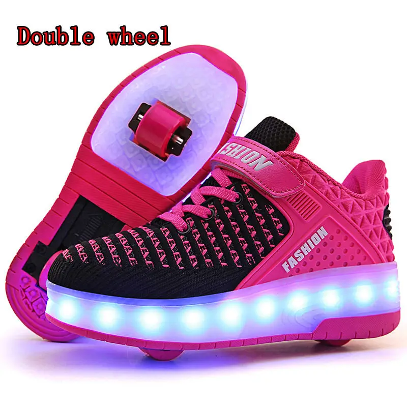 Two-Wheel Rose HYFMWZS Модные светодиодный Heelys обувь из дышащего материала, детское платье из двух спортивная обувь Съемная Детские Тонкие Туфли ролики срок производства тиража: 30-40 - Цвет: Two-Wheel Rose