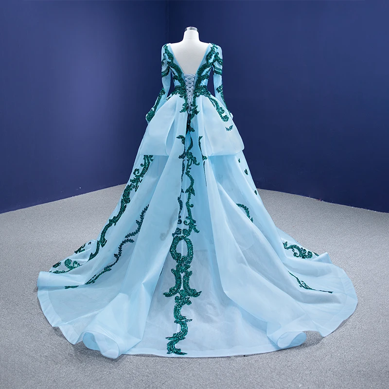 RSM67234 Lake Blue Evening Dress Long Sleeve V-neck Transparent Lace Elegant Gown Backless Pattern Banquet Party Host Event Gown 2