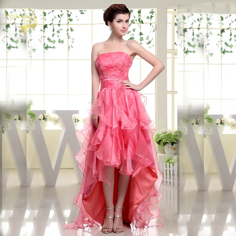 

Coral High Low Prom Dresses Crystal Short Front Long Back Party Gown Evening Dresses Evening Gown Graduation Dresses mariage