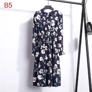 

Vintage Spring Summer Party Dress Women Fashion Chiffon Midi Tunic Floral Dot Slim Long Sleeve Office High Elastic Waist Dress
