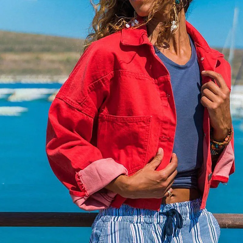 Весенняя джинсовая женская короткая куртка размера плюс 5XL с отложным воротником, женское джинсовое пальто, уличная одежда, одноцветные повседневные женские куртки - Цвет: Красный