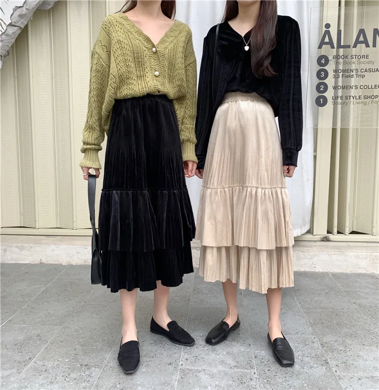 

Photo Shoot INS Ultra-Fire Red A- line High-waisted Slimming Slimming Hip Half-length Pleated Skirt Best Friend-