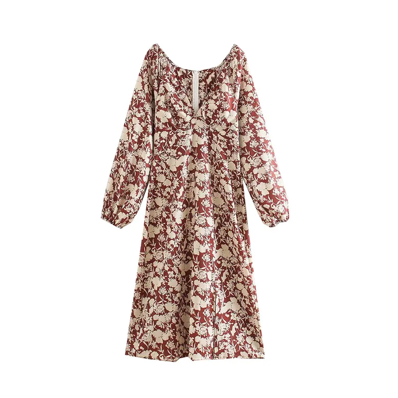 

Australia Non-mainstream Design Fashion Elegant Elegant V-neck Long Sleeve Waist Hugging A- line Floral Printed Dress 2020 New P