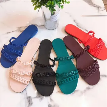 

Jelly Flat Slippers Summer Outdoor Beach Shoes Plastic Chain Sandals 2020 New Luxury Designer Brand Woman Shoes Flip Flops