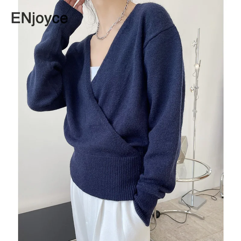 

Spring Women Vintage V-neck Pullovers Sweater Fashion Korean Style Elegant Knitwear Crossover Knitted Clothing Casual Loose Top