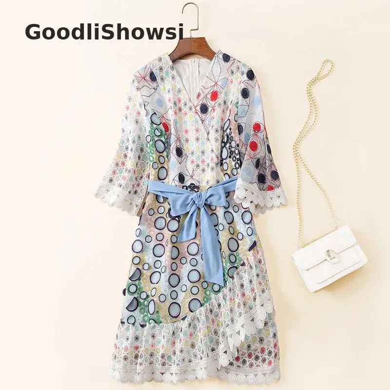 Goodlishousi, Новое поступление, модное платье в стиле бохо, с принтом в горошек, с выемкой, с v-образным вырезом, с расклешенными рукавами, свободное платье с поясом - Цвет: Многоцветный