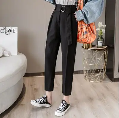 Black KINOMI Chic, новинка, OL стиль, повседневные, с поясом, высокая талия, прямые брюки, женские, для работы, брюки, винтажные, черные, брюки для офиса - Цвет: Black
