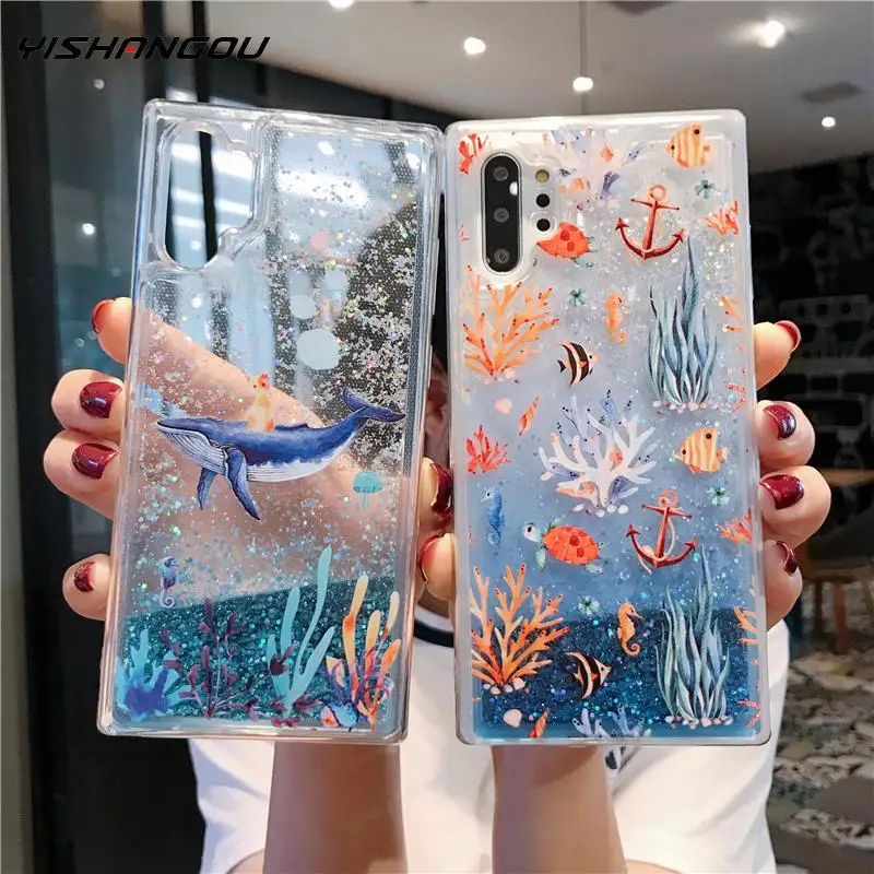 

YISAHNGOU Coral Dolphin Quicksand Soft Case Cover For Samsung Galaxy S10 S9 S8 Note 10 Plus 8 9 A10 A30 A50 A70 A7 A9 2018