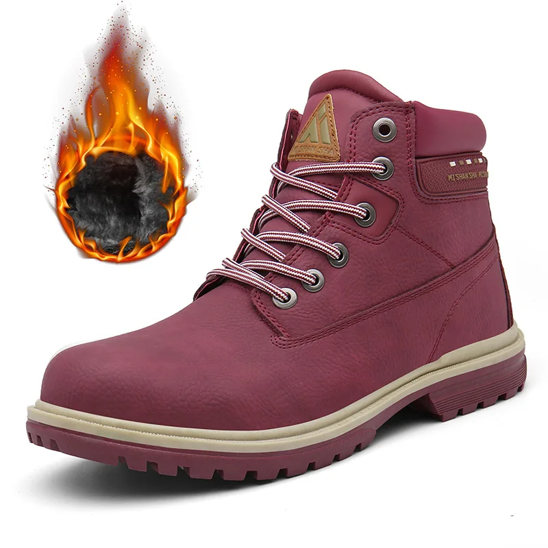 Высокие ботинки; кожаная походная обувь; зимние ботинки; Мужская Уличная хлопковая обувь; Плюшевые горные кроссовки; нескользящая зимняя спортивная обувь - Цвет: Красный