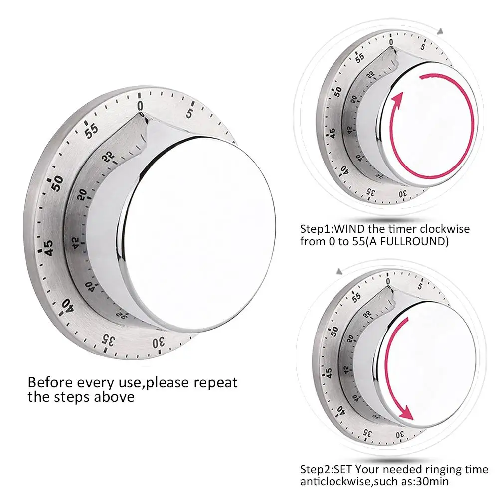 Hight Quality Stainless Steel Body Mechanical Timer Innovative Alarm Clock Kitchen Reminder For Dropshipping
