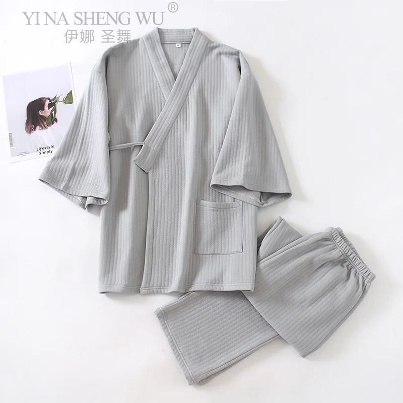 Japanese men's kimono yukata pajamas set air layer thickening trousers home service two-piece suit