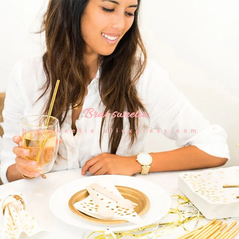 Gold Paper Plates Straws Napkins Bachelorette Party Tableware Adult Birthday Party Supplies Wedding Table Decorations