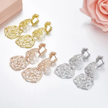 

925 Sterling Silver Three Small Rose Flowers Earrings For Women Cubic Zirconia Earrings Engagement Wedding Luxury Jewelry