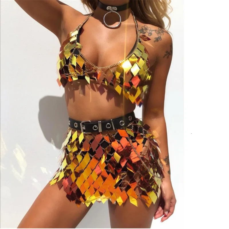

glitter gold sequin mini two piece set patchwork dresses woman party night sexy club autumn backless suspender 2 piece set suits