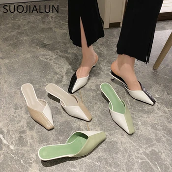 

SUOJIALUN 2020 New Spring Mules Shoes Women Mix Color Low Heels Slipper Slip On Casual Shallow Mouth Outside Slide Shoes