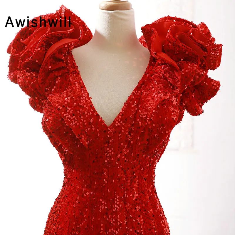 Новое поступление красное платье с блестками и Prom Dress Mermaid длинное кружевное платье с v-образным вырезом; с открытой спиной арабский дубайское вечернее платье Для женщин вечерние платья