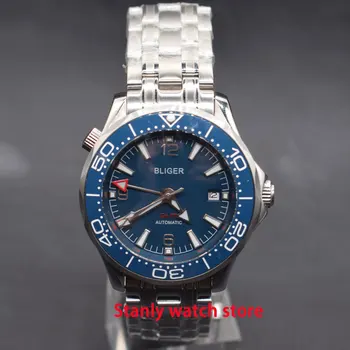 

Sapphire crystal Bliger 41mm blue dial luminous marks ceramic bezel GMT function automatic movement men's wrist watches