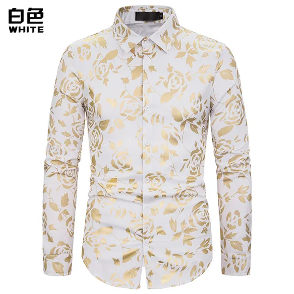 white Белая роза Цветочные бронзовая рубашка для ночного клуба мужские Chemise Homme Модные мужские s кнопки вниз платье рубашка свадебный смокинг рубашки XXL - Цвет: white