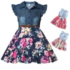 Girls Denim Floral Dress Summer Party Dress with Belt Children Flying Short Sleeve Casual Clothing Baby Girl Kids Fashion Outfit 1