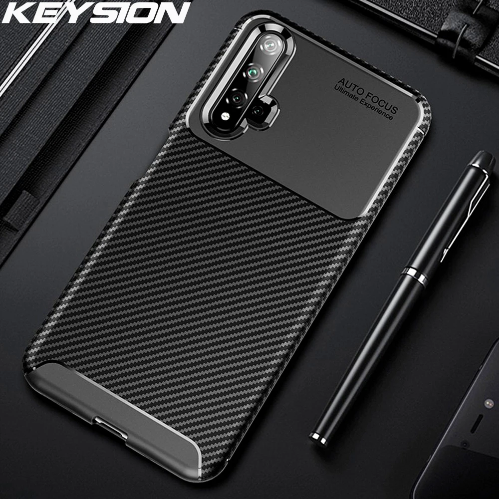 KEYSION Shokproof Case for Huawei Nova 5T Matte Carbon Fiber Silicone Bumper Flex Phone Cover Honor 20 20S Pro | Мобильные телефоны