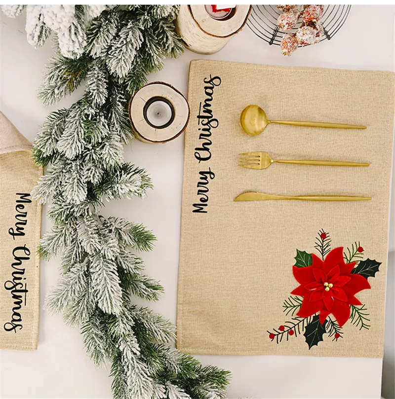 

Christmas Decorations for home Red Flower Placemat Table Mat Navidad Tablecloth Home Decor New Year 2021 Party Supplies 46*34cm