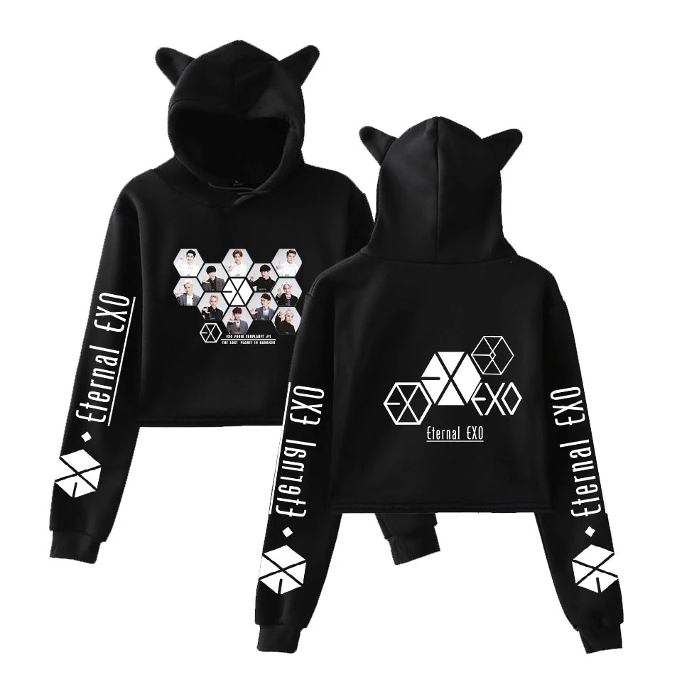 EXO Ablum Ulzzang Милая толстовка с кошачьими ушками Осенняя Женская Студенческая пуловеры Harajuku Повседневная укороченная Толстовка для женщин