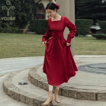 

YOSIMI Red Women Dress Elegant 2021 Autumn Square Collar Mid-calf Long Sleeve Fit and Flare A-line Vintage Bandage Party Dress