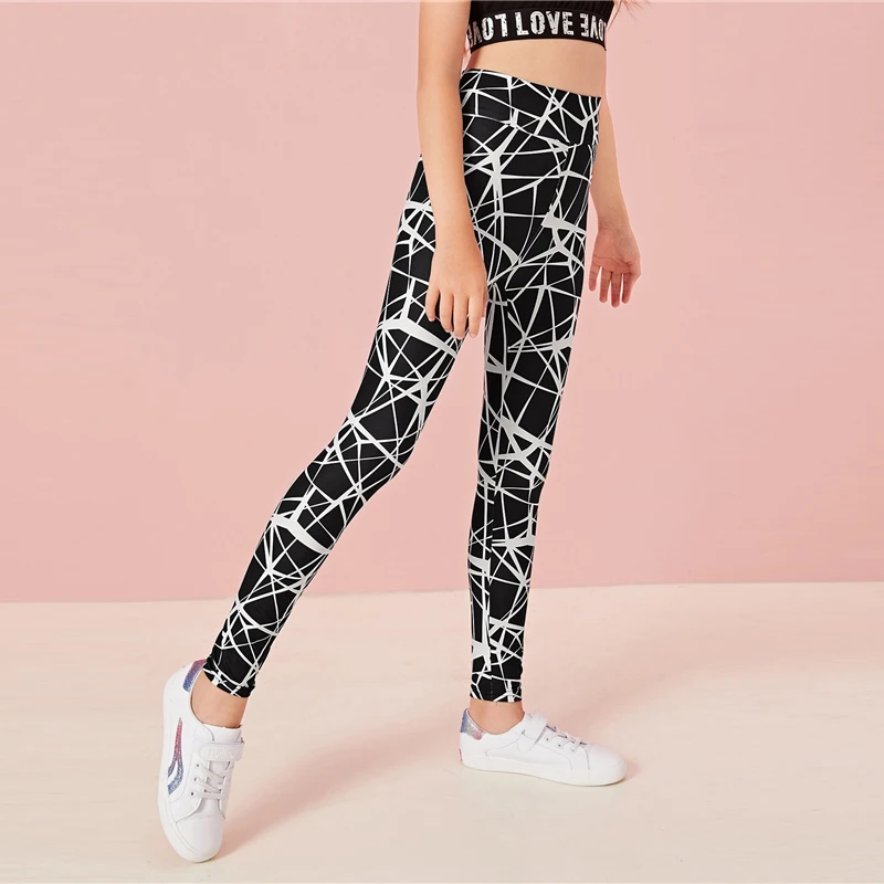 SHEIN Kiddie/черные леггинсы с геометрическим принтом, широкий пояс на талию детские штаны г., осенняя одежда с высокой талией, обтягивающие брюки