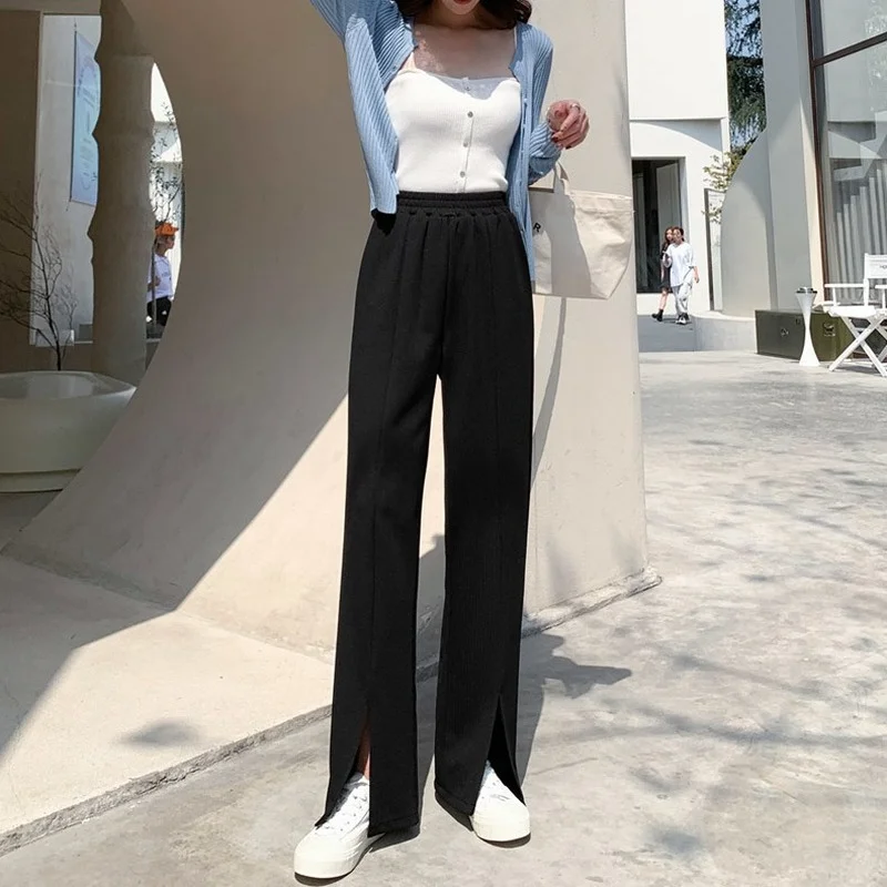 Casual Pants Women Front-slit Design Solid Black Soft Summer Elastic Waist  Female All-match Korean Style Chic Straight Trousers