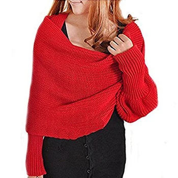 

Women Knitted Scarf Solid Color Long Wraps Shawls Wool Winter Autumn Elegant Temperament Female Windproof Warm Long sleeve Scarf