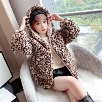 

2021 New Autumn Winter Children's Faux Fur Hooded Leopard jackets Kids Baby Girls Fake Fur Outwear Toddler Girls Warm Coats D257