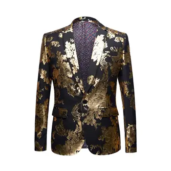 

Golden Flower Men Bronzing Print Suit Blazer 2020 Spring Slim Party Banquet Long Leaf Jacket Stage Show Costume Tops
