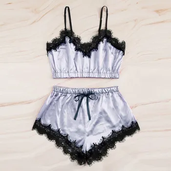 

Sleepwear Women Silk Stain Pajamas Setv-neck Lace Sexy Sleeveless Crop Cami And Shorts Set Pure Color Bowknot Women Pajamas Sets